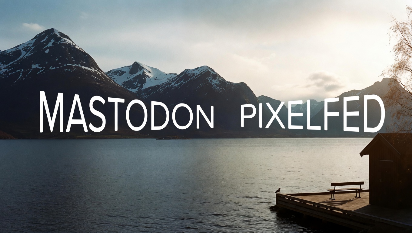 norsk fjord med teksten mastodon og pixelfed integrert i fjellene